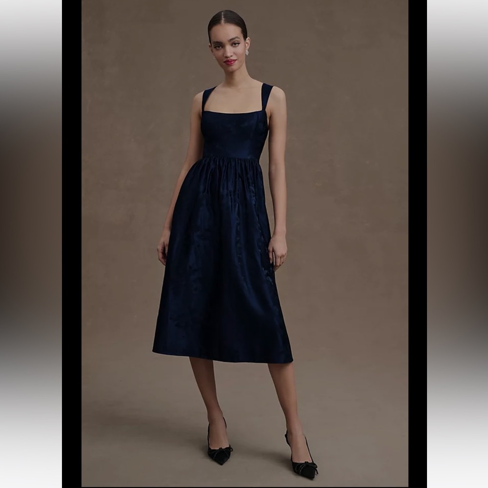 BHLDN poppy square neck satin jacquard A-Line Midi dress